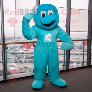 Turquoise Boxing Glove mascot costume character dressed with a Jumpsuit and Clutch bags