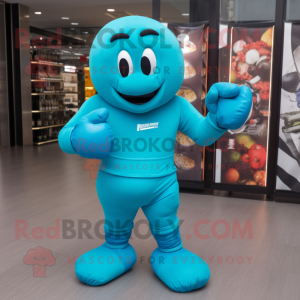 Turquoise Boxing Glove mascot costume character dressed with a Jumpsuit and Clutch bags