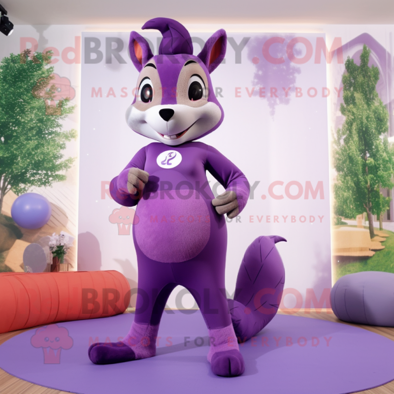 Purple Squirrel mascot costume character dressed with a Yoga Pants and Cummerbunds Purple Squirrel mascot costume character dressed with a Yoga Pants and Cummerbunds