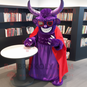 Purple Devil mascot costume character dressed with a Maxi Skirt and Reading glasses