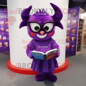 Purple Devil mascot costume character dressed with a Maxi Skirt and Reading glasses