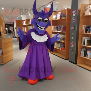 Purple Devil mascot costume character dressed with a Maxi Skirt and Reading glasses