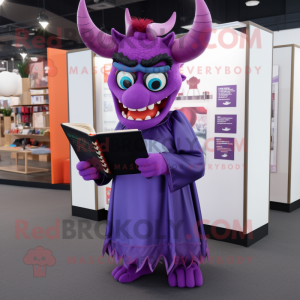 Purple Devil mascot costume character dressed with a Maxi Skirt and Reading glasses