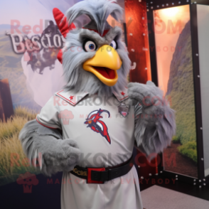 Gray Roosters mascot costume character dressed with a Henley Tee and Belts