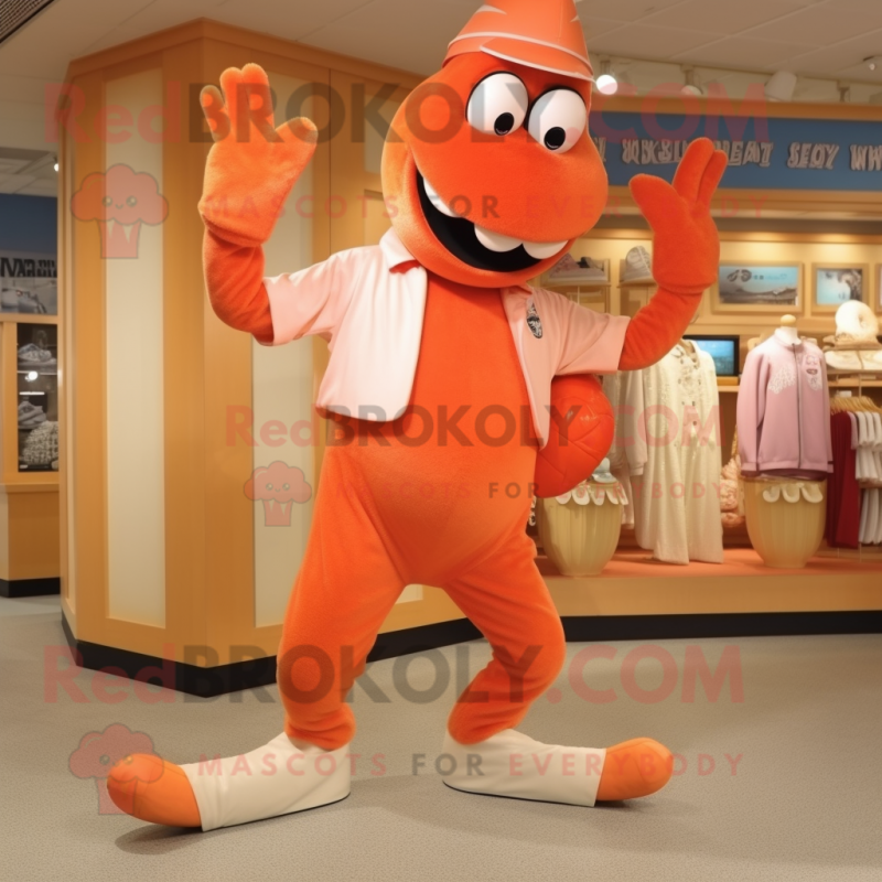 Peach Lobster Bisque mascot costume character dressed with a Capri Pants and Shoe clips