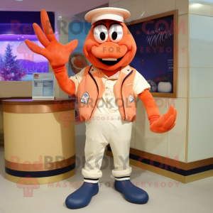 Peach Lobster Bisque mascot costume character dressed with a Capri Pants and Shoe clips