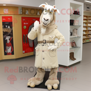 Beige Goat mascot costume character dressed with a Coat and Shoe clips