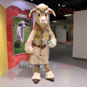 Beige Goat mascot costume character dressed with a Coat and Shoe clips