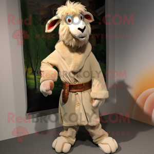 Beige Goat mascot costume character dressed with a Coat and Shoe clips