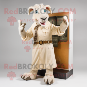 Beige Goat mascot costume character dressed with a Coat and Shoe clips