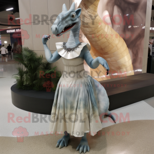 Silver Parasaurolophus mascot costume character dressed with a Empire Waist Dress and Shoe laces