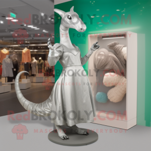 Silver Parasaurolophus mascot costume character dressed with a Empire Waist Dress and Shoe laces