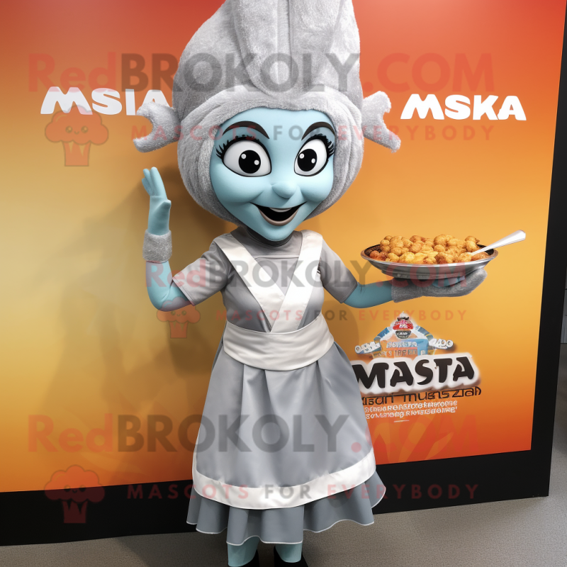 Silver Tikka Masala mascot costume character dressed with a Mini Dress and Headbands