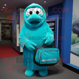 Cyan Golf Bag mascot costume character dressed with a Hoodie and Scarf clips