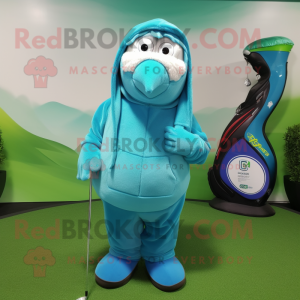 Cyan Golf Bag mascot costume character dressed with a Hoodie and Scarf clips