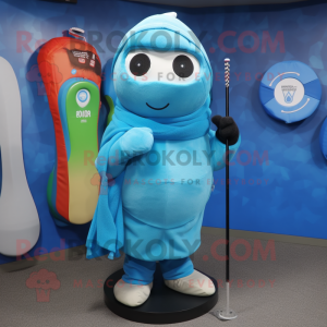 Cyan Golf Bag mascot costume character dressed with a Hoodie and Scarf clips