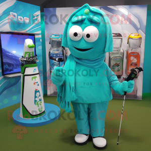 Cyan Golf Bag mascot costume character dressed with a Hoodie and Scarf clips