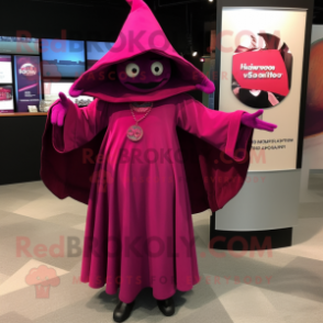 Magenta Magician mascot costume character dressed with a Sheath Dress and Shawl pins