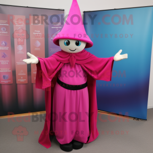 Magenta Magician mascot costume character dressed with a Sheath Dress and Shawl pins