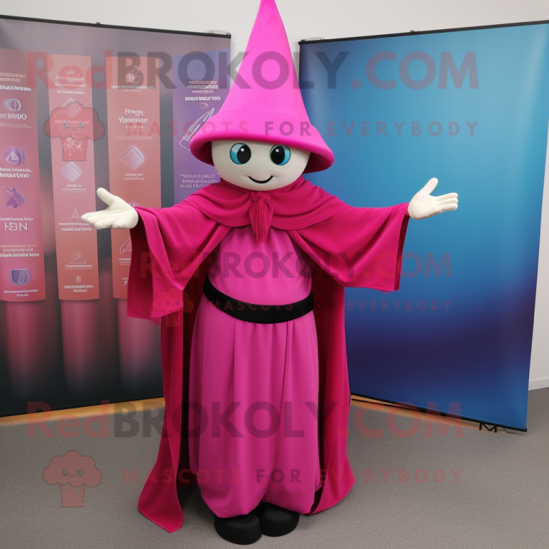 Magenta Magician mascot costume character dressed with a Sheath Dress and Shawl pins