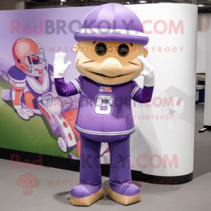 Lavender American Football Helmet mascot costume character dressed with a Bootcut Jeans and Tie pins
