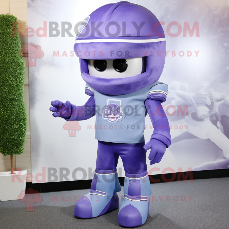 Lavender American Football Helmet mascot costume character dressed with a Bootcut Jeans and Tie pins Lavender American Football Helmet mascot costume character dressed with a Bootcut Jeans and Tie pins