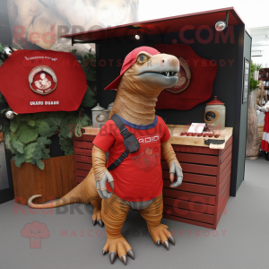 Red Komodo Dragon mascot costume character dressed with a Cargo Shorts and Rings