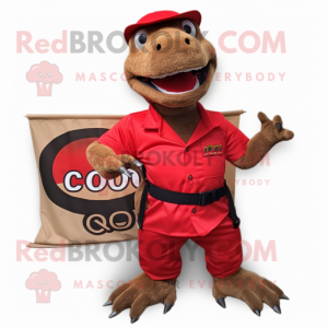 Red Komodo Dragon mascot costume character dressed with a Cargo Shorts and Rings