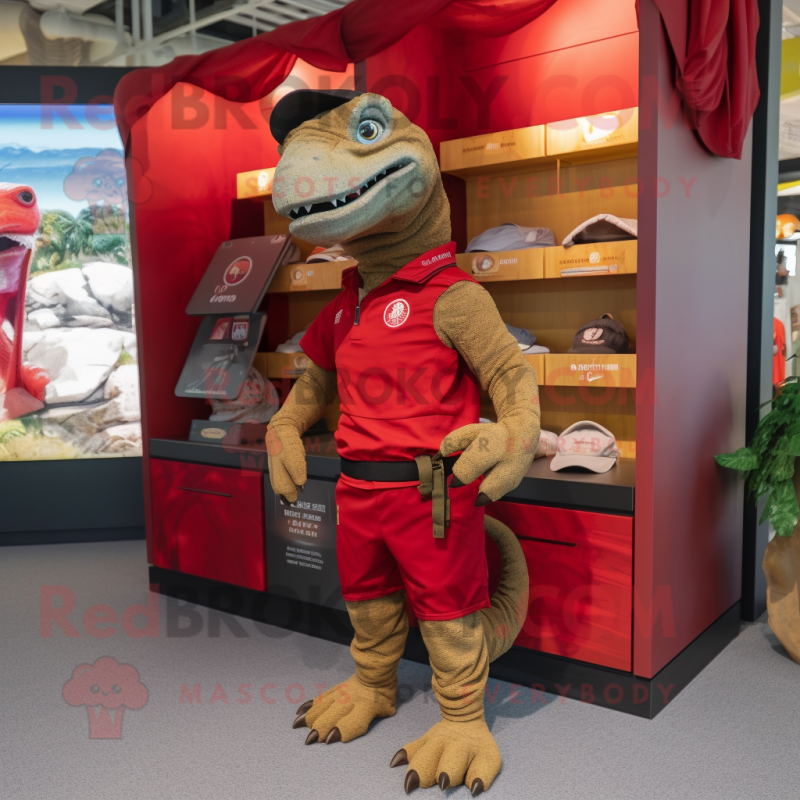 Red Komodo Dragon mascot costume character dressed with a Cargo Shorts and Rings