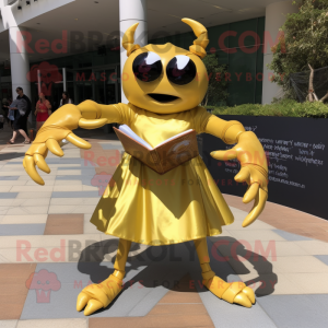 Gold Crab mascot costume character dressed with a Empire Waist Dress and Reading glasses