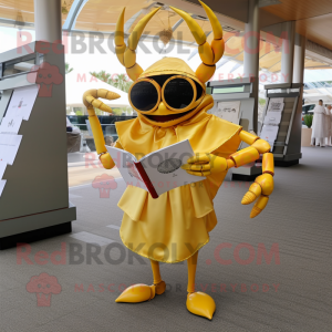 Gold Crab mascot costume character dressed with a Empire Waist Dress and Reading glasses