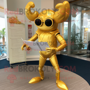 Gold Crab mascot costume character dressed with a Empire Waist Dress and Reading glasses