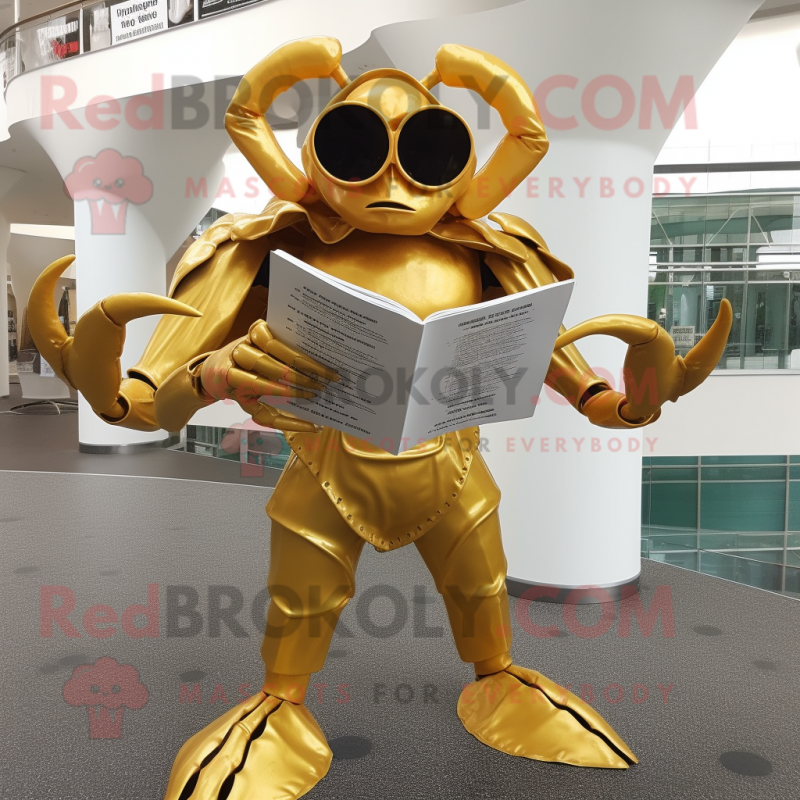 Gold Crab mascot costume character dressed with a Empire Waist Dress and Reading glasses Gold Crab mascot costume character dressed with a Empire Waist Dress and Reading glasses