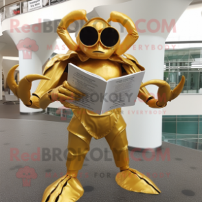 Gold Crab mascot costume character dressed with a Empire Waist Dress and Reading glasses