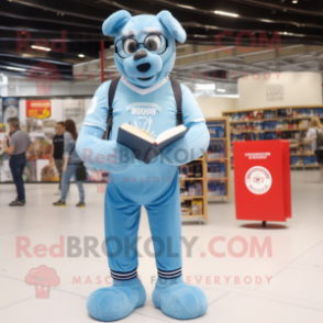 Sky Blue Guinness mascot costume character dressed with a Boyfriend Jeans and Reading glasses
