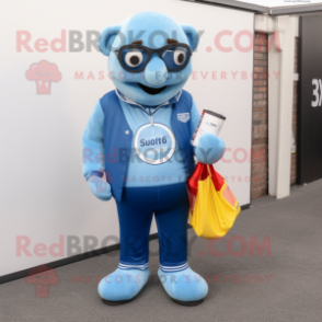 Sky Blue Guinness mascot costume character dressed with a Boyfriend Jeans and Reading glasses