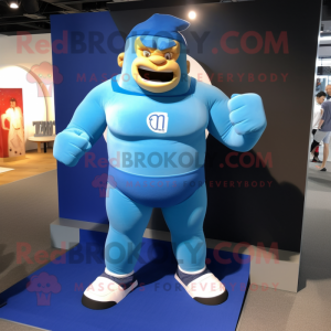 Blue Strongman mascot costume character dressed with a Romper and Beanies
