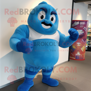 Blue Strongman mascot costume character dressed with a Romper and Beanies