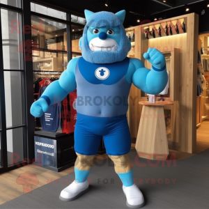 Blue Strongman mascot costume character dressed with a Romper and Beanies