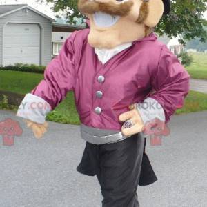 Mascota de hombre sonriente vestida con un traje muy elegante -