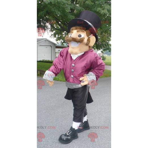 Uśmiechnięty mężczyzna maskotka ubrany w bardzo elegancki strój