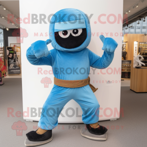 Sky Blue Ninja mascot costume character dressed with a Corduroy Pants and Gloves