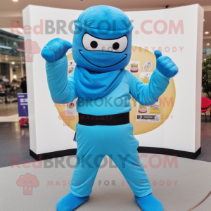 Sky Blue Ninja mascot costume character dressed with a Corduroy Pants and Gloves