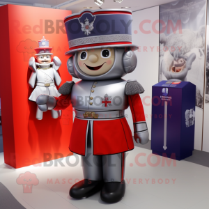 Silver British Royal Guard mascot costume character dressed with a A-Line Skirt and Coin purses