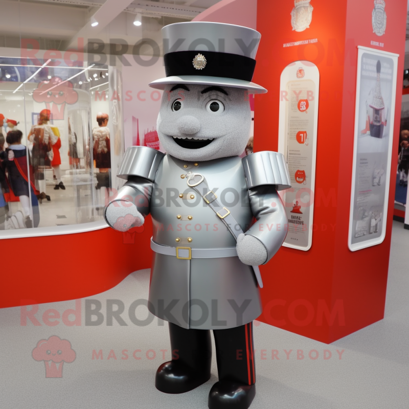 Silver British Royal Guard mascot costume character dressed with a A-Line Skirt and Coin purses