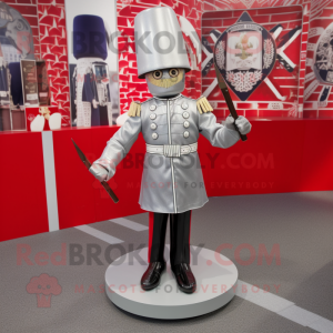 Silver British Royal Guard mascot costume character dressed with a A-Line Skirt and Coin purses