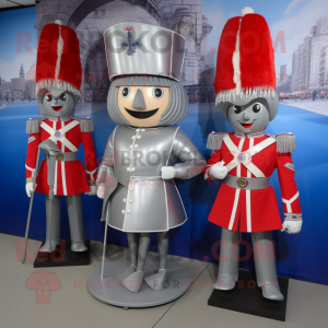 Silver British Royal Guard mascot costume character dressed with a A-Line Skirt and Coin purses