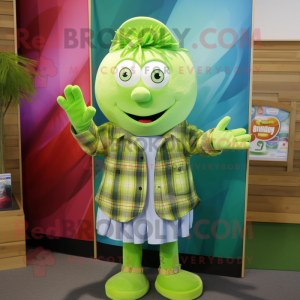 Lime Green Pho mascot costume character dressed with a Flannel Shirt and Earrings