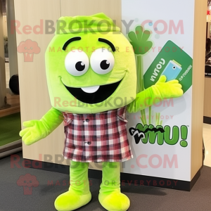 Lime Green Pho mascot costume character dressed with a Flannel Shirt and Earrings