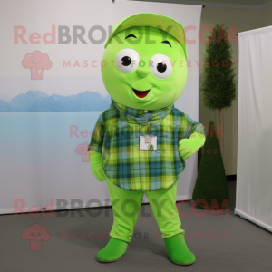 Lime Green Pho mascot costume character dressed with a Flannel Shirt and Earrings